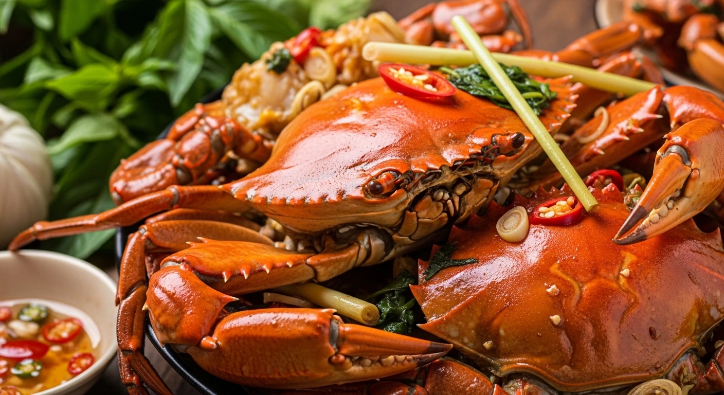 Close-up of a steaming Mekong Delta mud crab with herbs