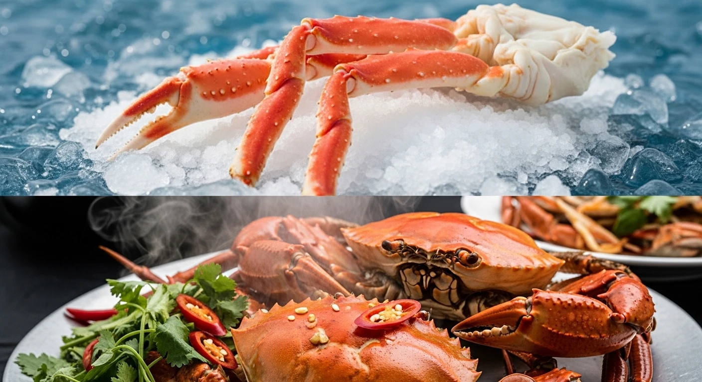 Split image: Top half of Norwegian King Crab, bottom half of a Vietnamese mud crab dish
