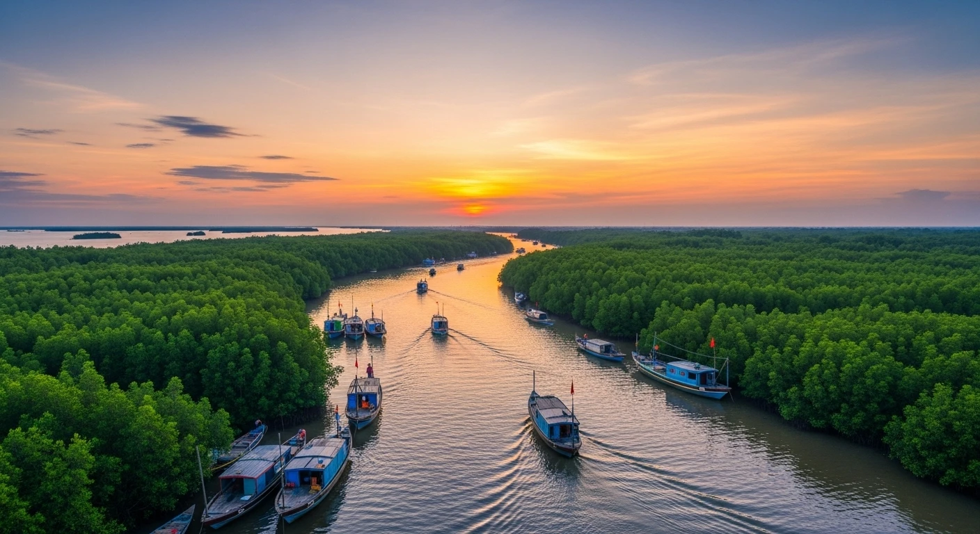 A scenic view of the Mekong Delta with small boats and lush greenery