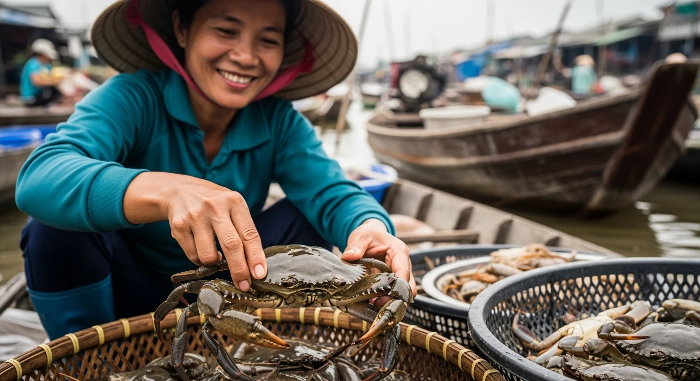A hands-on approach to crab preparation in a Vietnamese market