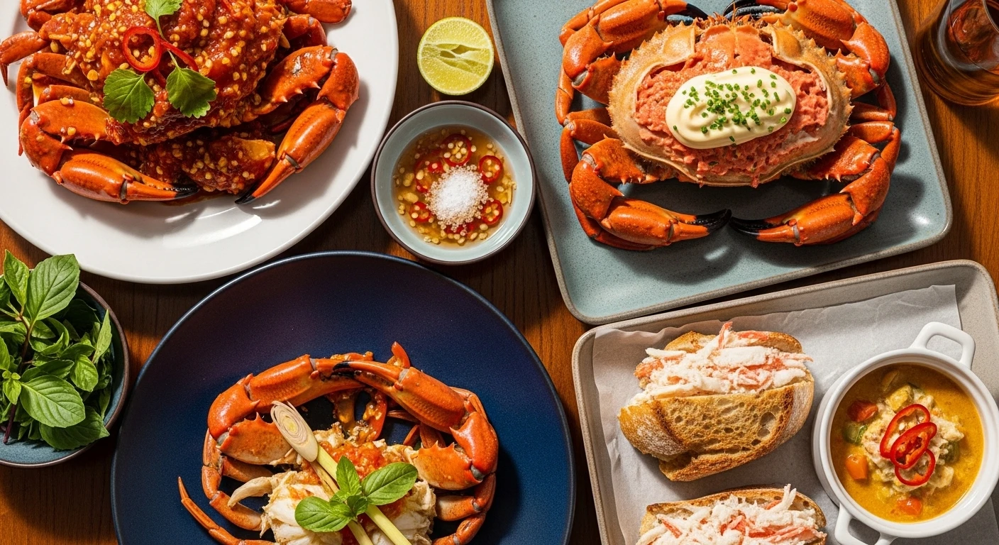 A spread of Vietnamese crab dishes and British crab dishes.