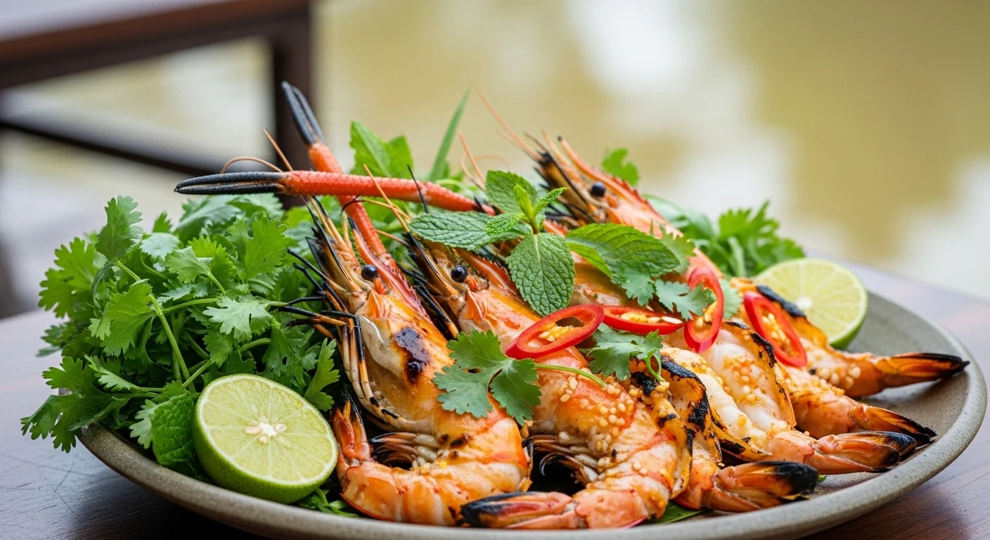 A beautifully plated dish featuring Vietnamese-style grilled shrimp with fresh herbs and lime