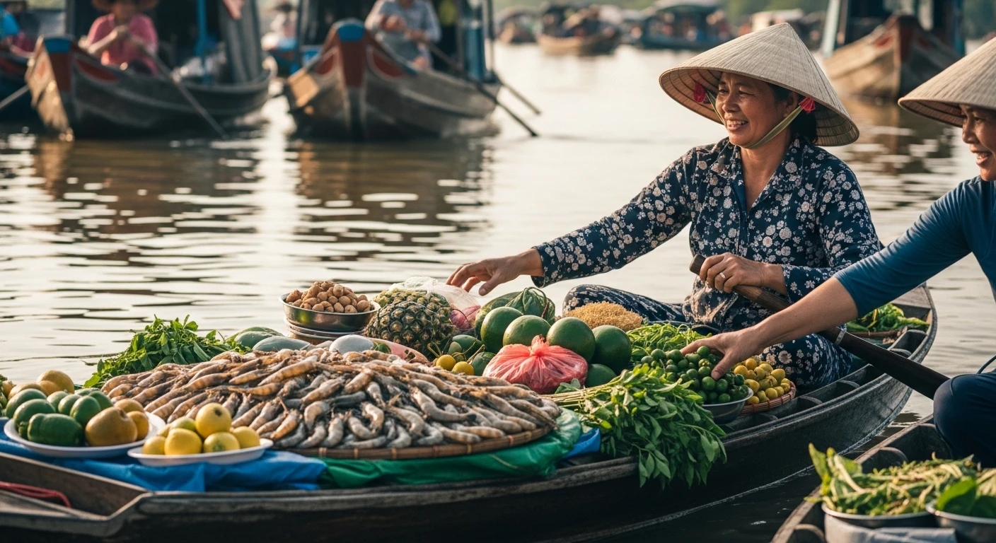 A bustling Mekong Delta floating market with vendors selling fresh shrimp and produce