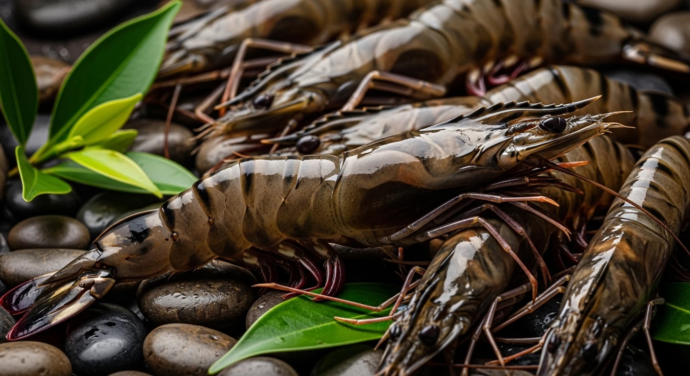 A cluster of fresh Ca Mau black tiger shrimp