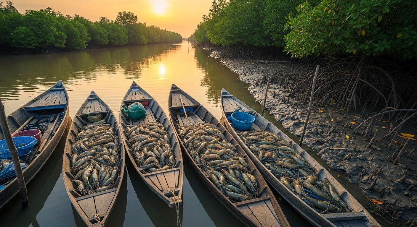 Mekong Delta shrimp boats at sunrise