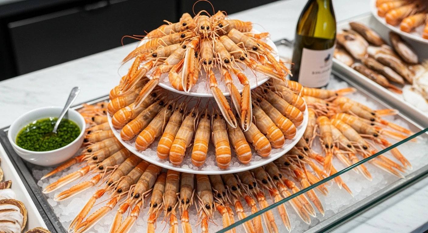 Elegant French shrimp display in a market