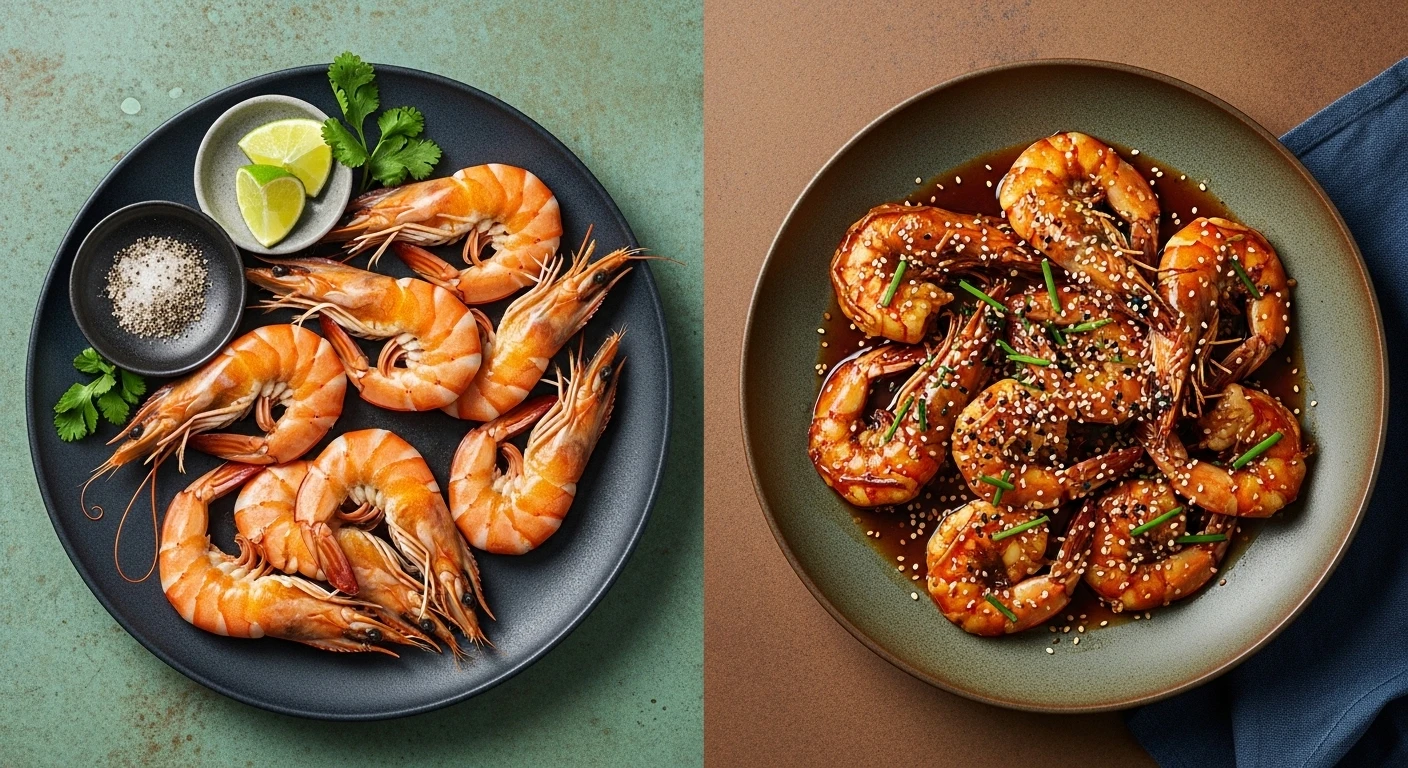 A side-by-side visual comparison of a simple steamed Vietnamese shrimp and a marinated Korean grilled shrimp