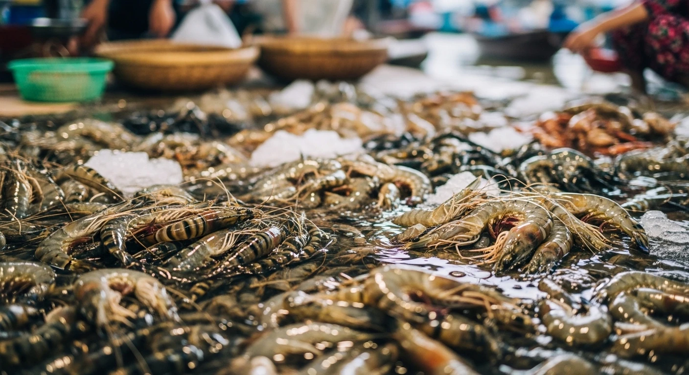 A bustling seafood market in the Mekong Delta showcasing fresh shrimp and other local produce