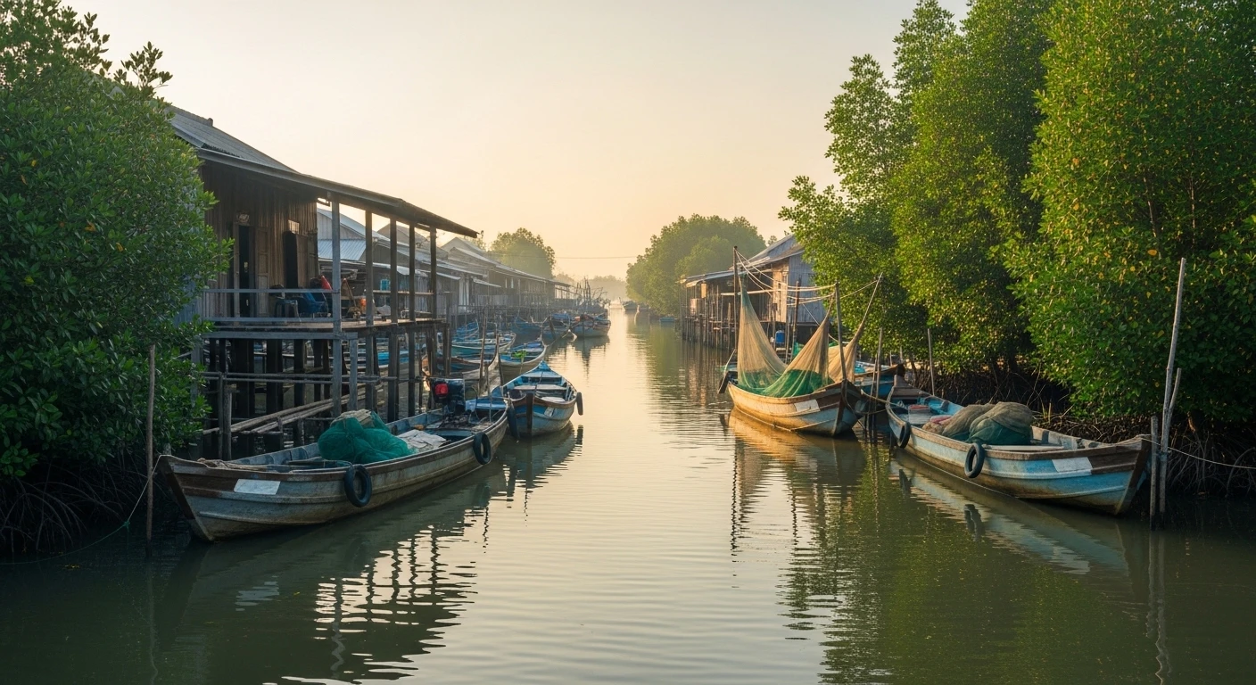 Mekong Delta fishing village with shrimp nets