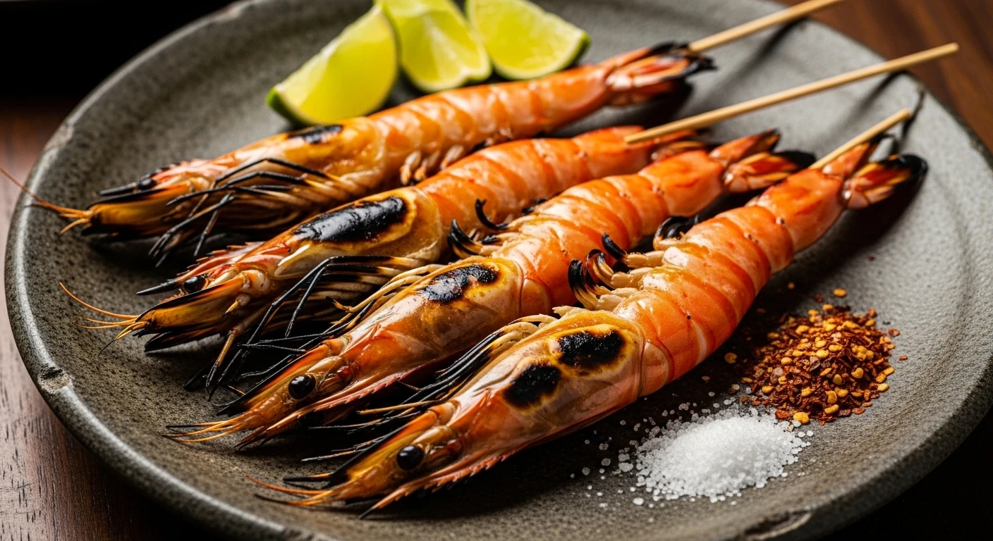 A rustic plate of grilled Mekong Delta black tiger shrimp with lime and chili
