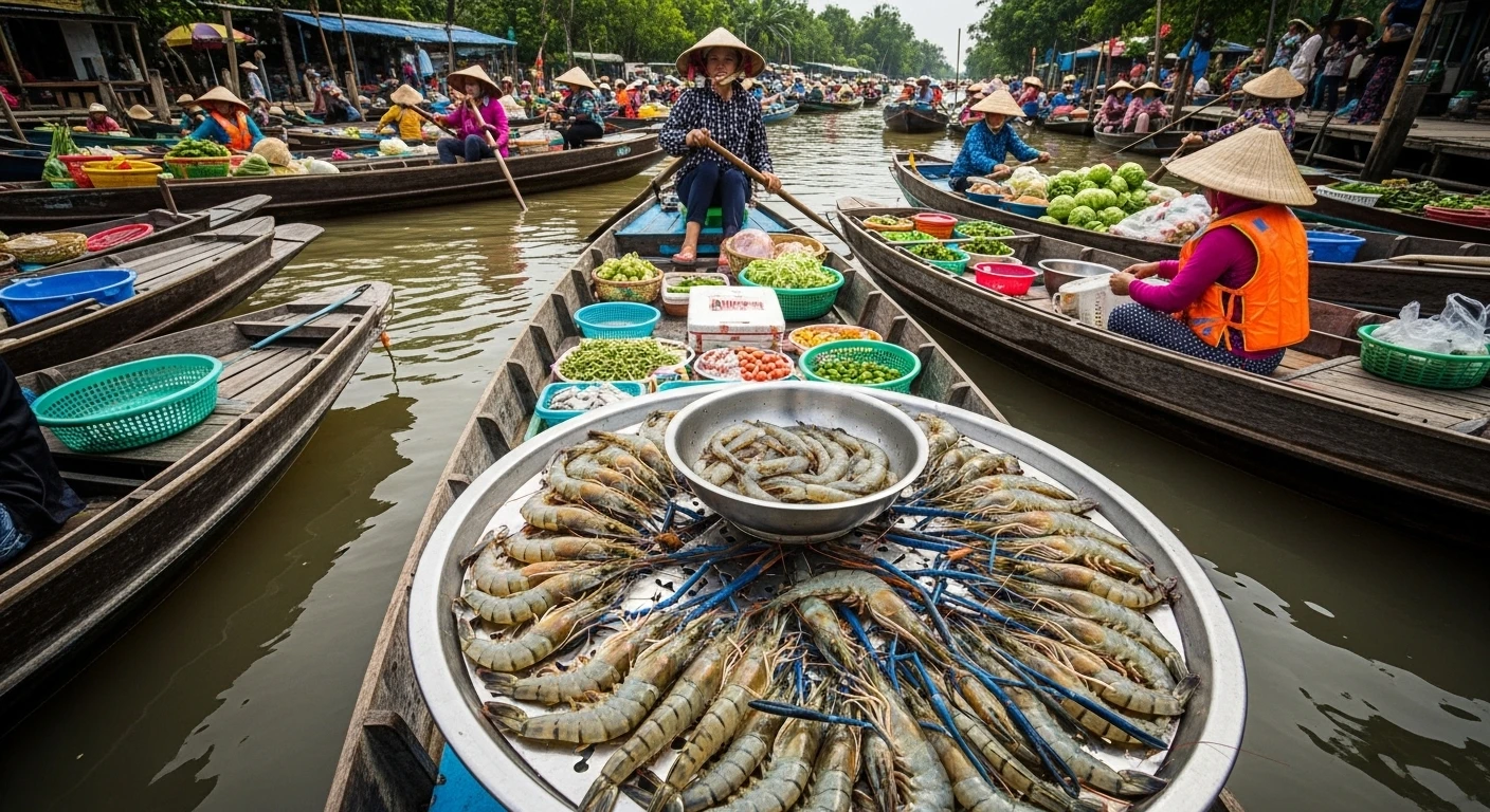 Vibrant display of fresh shrimp at a Vietnamese Mekong Delta market.