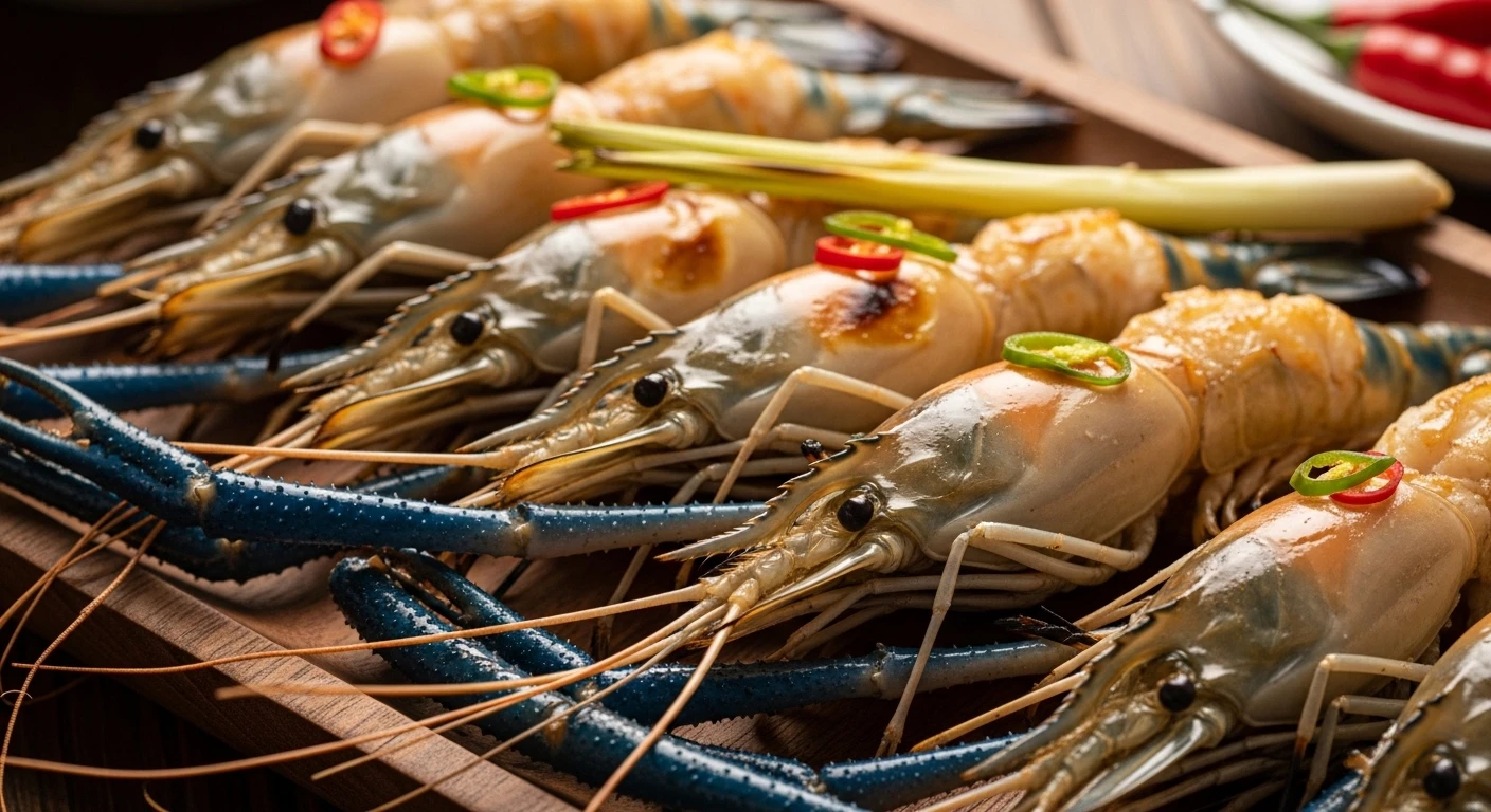 A close-up of perfectly grilled Mekong Delta giant freshwater prawns.