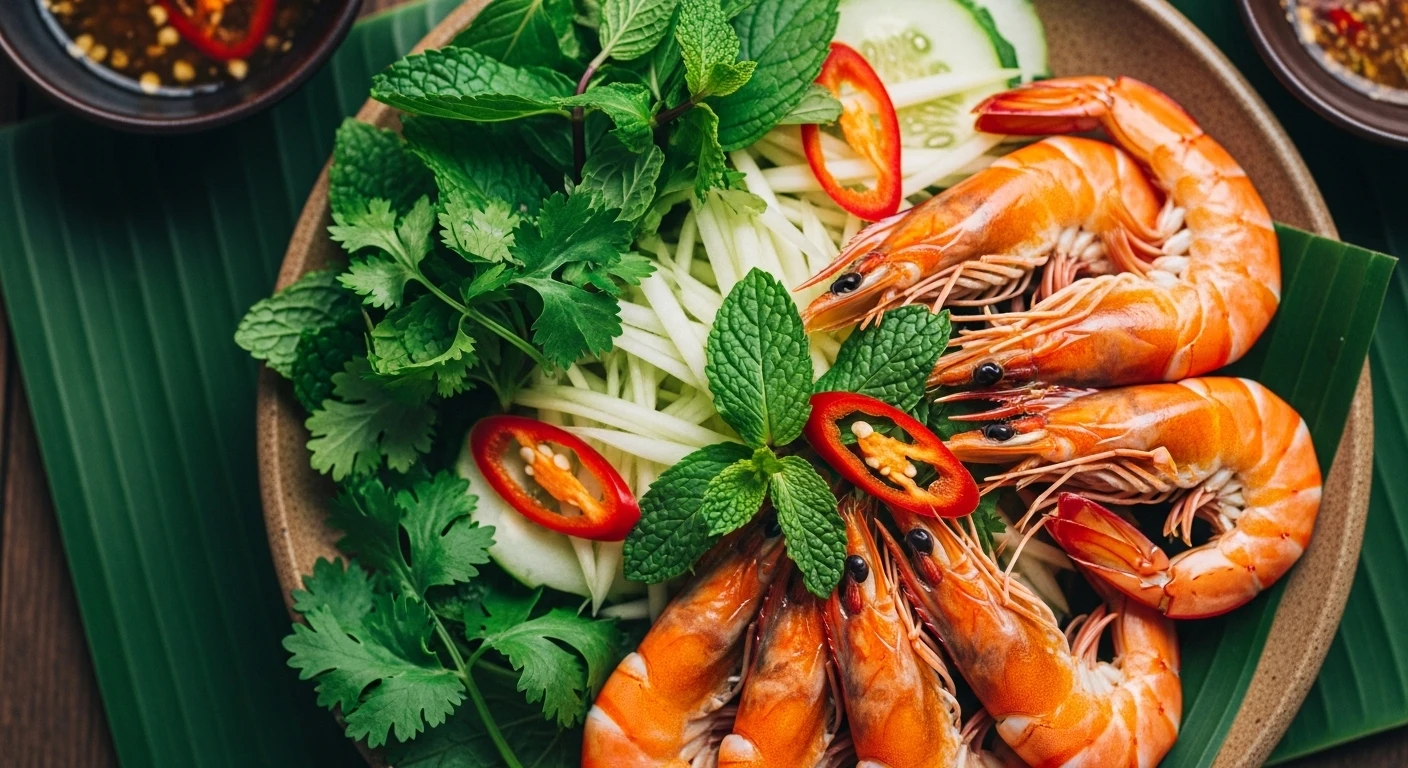 A vibrant Vietnamese shrimp dish with herbs and vegetables