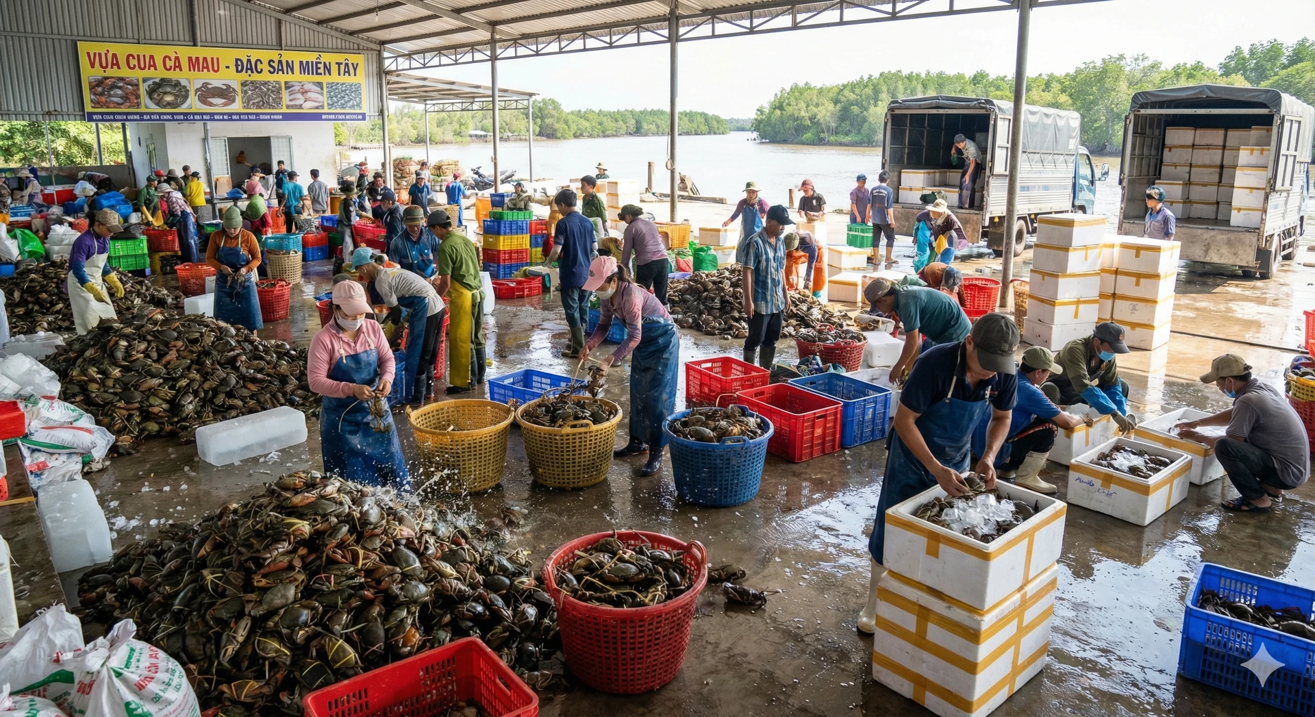 Hình ảnh một vựa hải sản lớn tại Cà Mau đang phân loại và đóng gói cua