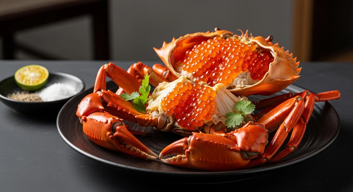 Close-up of Cua Gach Son crab with vibrant orange roe