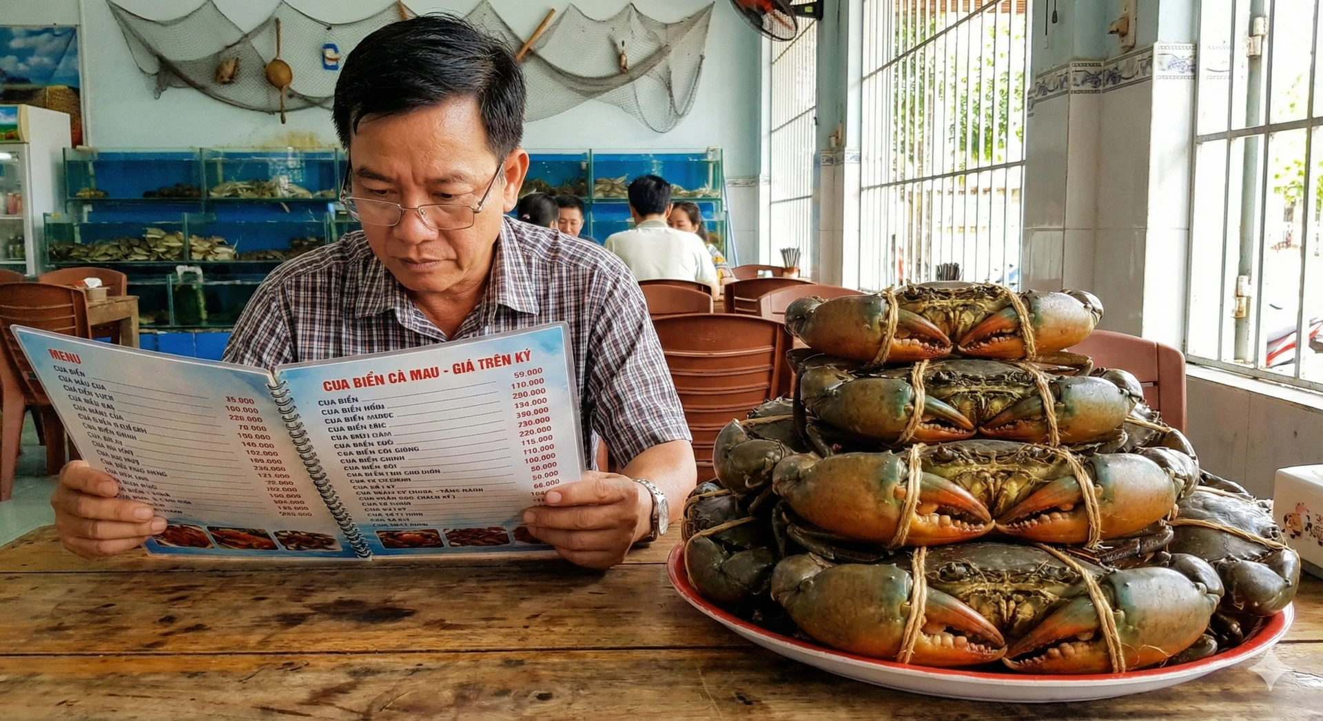 Hình ảnh một người đang nghiên cứu menu giá cả trong nhà hàng hải sản