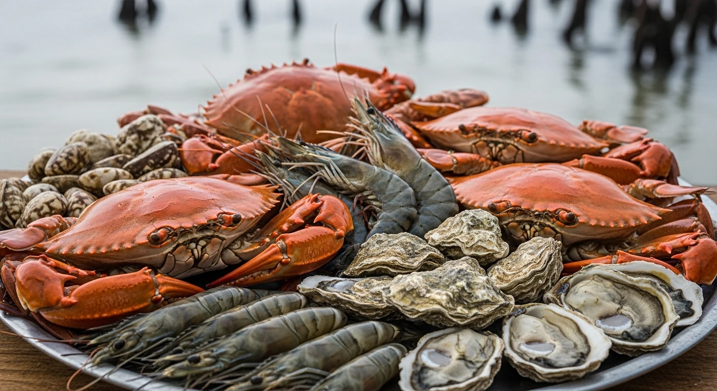 A vibrant platter of fresh seafood, including crab and oysters, glistening with dew.